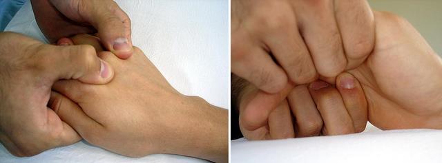 Left: Position your thumbs on the laterodorsal aspect of the MCP joint.  Right: Position your index fingers on the palmar aspect of the joint.